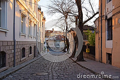 Historical street and passage in Plovdiv old town , Bulgaria Stock Photo