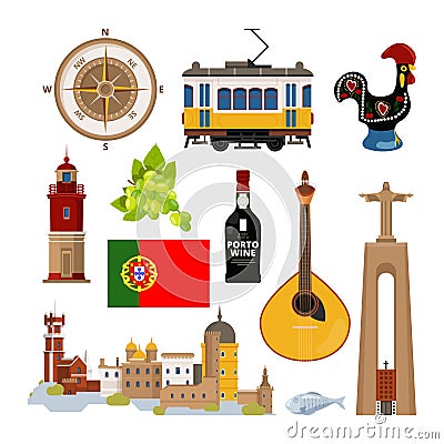 Historical symbols of Portugal Lissabon. Vector icon set in flat style Vector Illustration