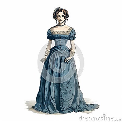 Historical-themed Illustration Of Woman In Blue Dress Cartoon Illustration