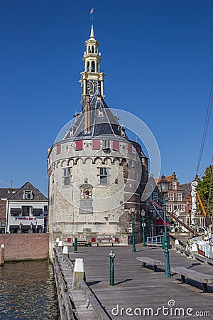 Historical tower and jetty in the center of Hoorn Editorial Stock Photo