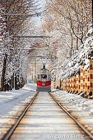 Historical tram in winter Prague Editorial Stock Photo