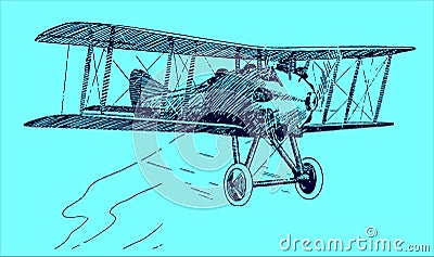 Historical two-seat sporting biplane. Illustration on a blue background after a lithography from the early 20th century. Editable Vector Illustration