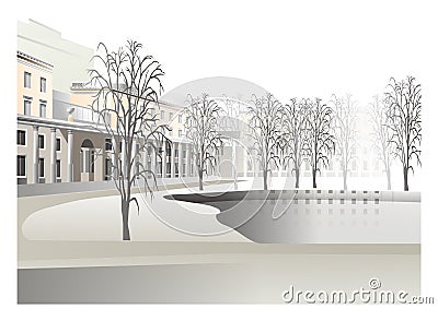 Historical view of the old buildings and the pond in the old city Vector Illustration