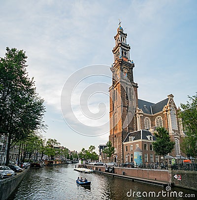 The historical Westertoren church with canal view Editorial Stock Photo