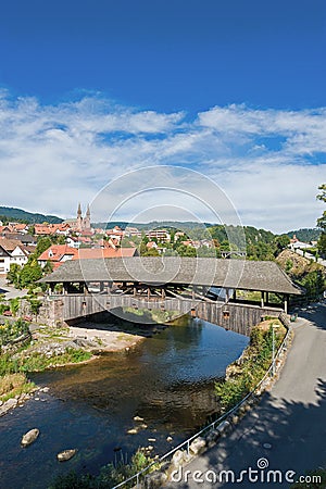 The historical wooden bridge in Forbach Stock Photo