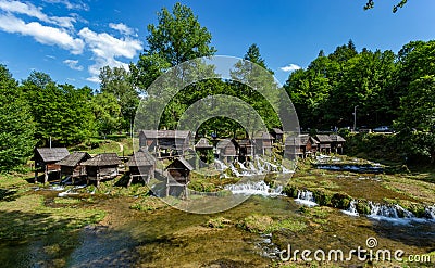 Historical wooden watermills near city Jajce, Bosnia and Herzegovina Stock Photo