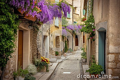 Historically old town with flowering plants and colorful flowers. Generative ai Stock Photo