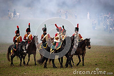 History fans in military costume reenacts the Battle of Three Emperors Editorial Stock Photo