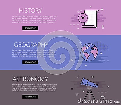 History. Geography. Astronomy. Vector banners template set Stock Photo