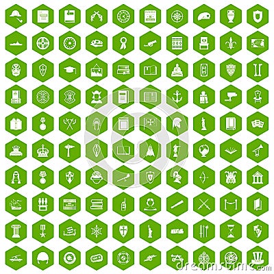 100 history icons hexagon green Vector Illustration