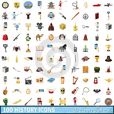 100 history icons set, cartoon style Vector Illustration