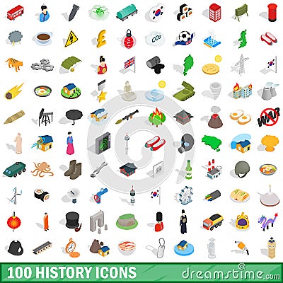 100 history icons set, isometric 3d style Vector Illustration