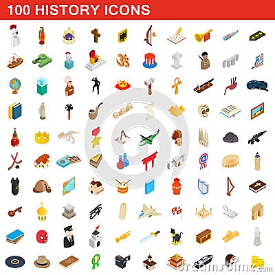 100 history icons set, isometric 3d style Vector Illustration