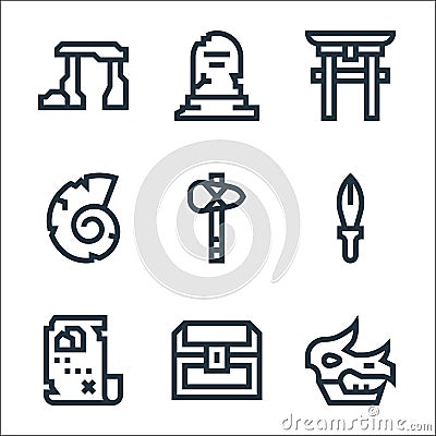history line icons. linear set. quality vector line set such as fossil, treasure chest, treasure map, dagger, hammer, shell, torii Vector Illustration