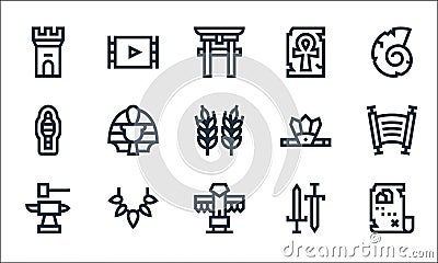 history line icons. linear set. quality vector line set such as treasure map, totem, blacksmith, sword, prehistory, mummy, Vector Illustration