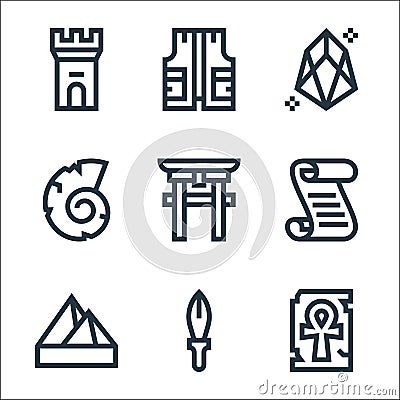 History line icons. linear set. quality vector line set such as ankh, dagger, pyramid, papyrus, torii gate, shell, diamond, vest Vector Illustration