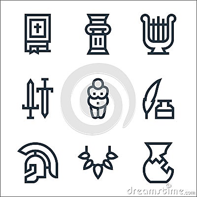 History line icons. linear set. quality vector line set such as ceramics, prehistory, roman helmet, feather pen, venus of Vector Illustration