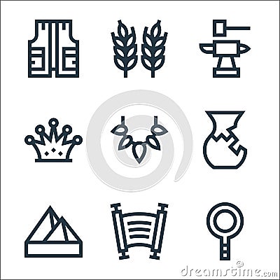 History line icons. linear set. quality vector line set such as loupe, torah, pyramid, ceramics, prehistory, crown, blacksmith, Vector Illustration