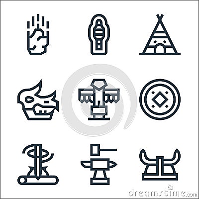 history line icons. linear set. quality vector line set such as viking helmet, blacksmith, fire, chinese coin, totem, fossil, Vector Illustration