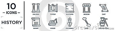 history linear icon set. includes thin line columns, old paper, cart, digger, bone, archeologist, report icons for report, Vector Illustration