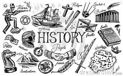 The history of people, science and education, religion and travel, discoveries and old ancient symbols. Retro ship Vector Illustration