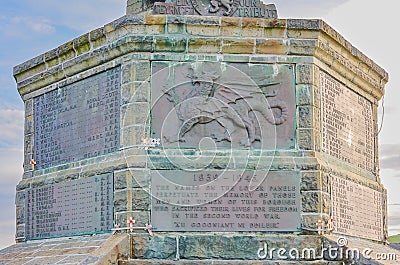 History script on Aberystwyth War Memorial, Wales, Scotland Editorial Stock Photo