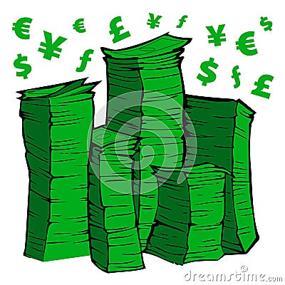 Paper Money Stacks Piles Dollar Euro Frank Pound Yen Cartoon Illustration