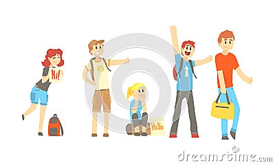 Hitch-hikers Standing Along the Road Trying to Get Car Vector Illustrations Set Vector Illustration