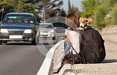 Hitchhike traveler with dog on the road Stock Photo