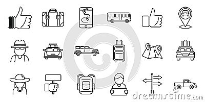 Hitchhiking automobile icons set, outline style Vector Illustration