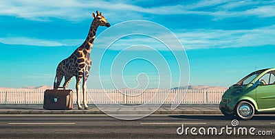 Hitchhiking concept. Giraffe with baggage on highway . Cartoon Illustration