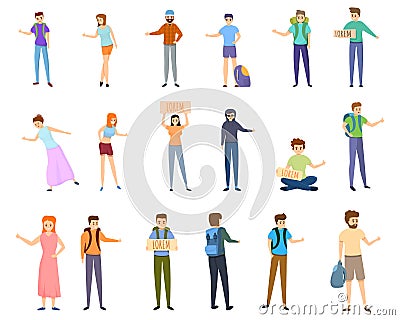 Hitchhiking icons set, cartoon style Vector Illustration