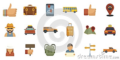 Hitchhiking icons set flat vector isolated Vector Illustration