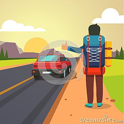 Hitchhiking road travel. Thumbing man stopped car Vector Illustration