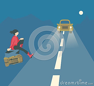 Hitchhiking travel concept. Vector Illustration