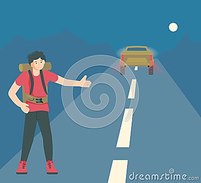 Hitchhiking travel concept. Vector Illustration