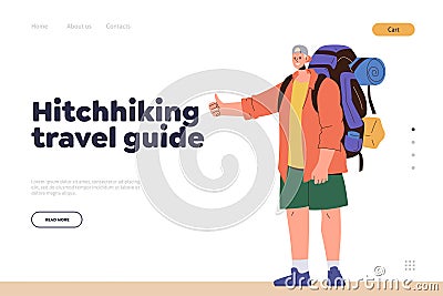 Hitchhiking travel guide landing page design template with happy cartoon male tourist backpacker Vector Illustration