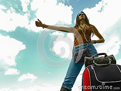Hitchhiking Woman Stock Photo