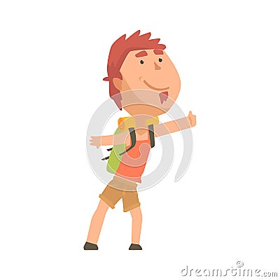 Hitchhiking young man with backpack trying to stop a car, travelling Vector Illustration