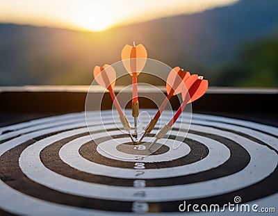 Hitting a target and achieving goals featuring elements like a bullseye, arrows, and targets representing precision, focus, and Stock Photo
