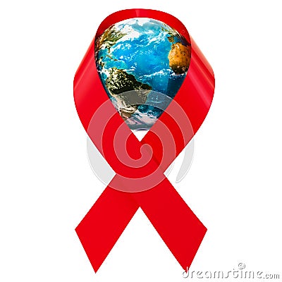 HIV AIDS Awareness Red Ribbon with Earth Globe, 3D rendering Stock Photo