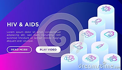 HIV and AIDs concept with thin line isometric icons: safe sex, blood transfusion, syringe, antiviral drugs, AIDs ribbon, blood Vector Illustration