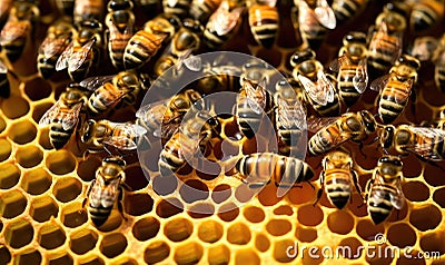 In the hive, bees work industriously, crafting perfect honeycomb cells Creating using generative AI tools Stock Photo
