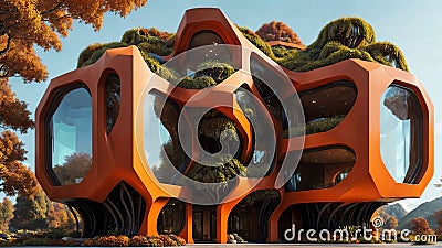 The Hive - brutalist building with hexagonal-pattern and lush vegetation façade - Generative AI Illustratio Stock Photo