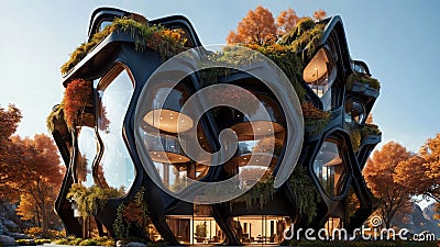 The Hive - brutalist building with hexagonal-pattern and lush vegetation façade - Generative AI Illustratio Stock Photo