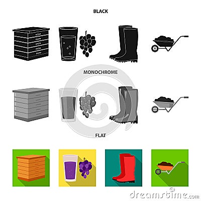 Hive, grapes, boots, wheelbarrow.Farm set collection icons in black, flat, monochrome style vector symbol stock Vector Illustration