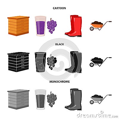 Hive, grapes, boots, wheelbarrow.Farm set collection icons in cartoon,black,monochrome style vector symbol stock Vector Illustration