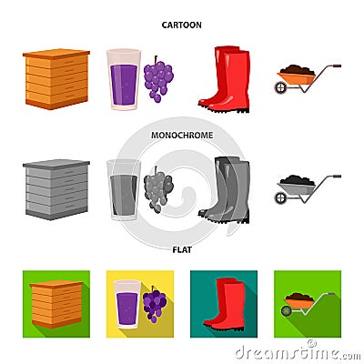 Hive, grapes, boots, wheelbarrow.Farm set collection icons in cartoon,flat,monochrome style vector symbol stock Vector Illustration