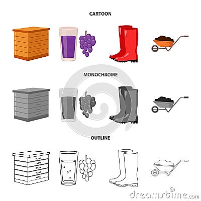 Hive, grapes, boots, wheelbarrow.Farm set collection icons in cartoon,outline,monochrome style vector symbol stock Vector Illustration