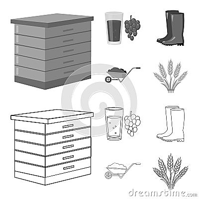 Hive, grapes, boots, wheelbarrow.Farm set collection icons in outline,monochrome style vector symbol stock illustration Vector Illustration